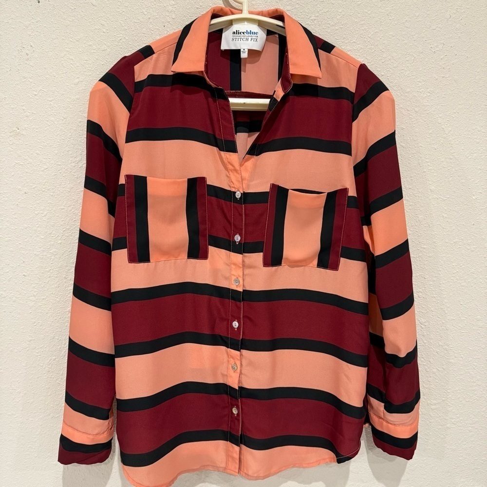 Alice Blue Stitch Fix Blouse Long Sleeve with Tabs Multicolor Stripes Women’s M